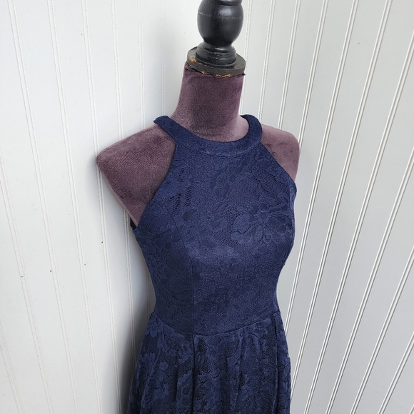 DressyStar Womens Halter Floral Lace Hi-Lo Party Dress Navy M Blue Sleeveless - Picture 2 of 14